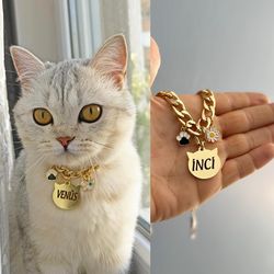 Personalized Pet Tag For Cats , Custom Cats Tag with Chain and jewelry, Cat Shaped Tag, Engraved Name Phone Number, gift