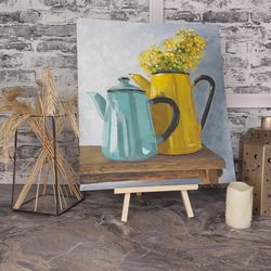 Original oil painting, still life.. Two teapots..