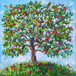 Apple Tree Painting Fruit Garden Original Art Canvas Tree Wall Art Bird Painting