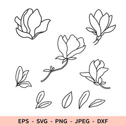 Magnolia Svg Flower Svg Outline File for Cricut Leaves dxf Line Sublimation for laser cut Bud Png Set