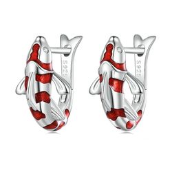 Koi carp earrings, Sterling silver jewelry, Red hoop