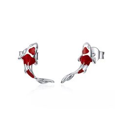 Koi carp sterling silver studs, Red enamel jewelry, Gift for woman