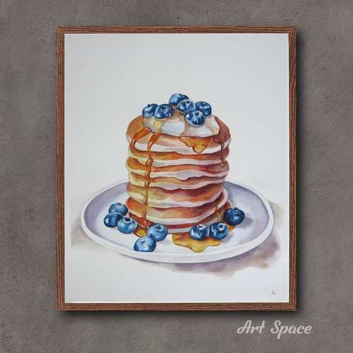 Original watercolor painting **Pancakes**, decoration for office, food, breakfast, goodies, pancakes, donuts,blueberries