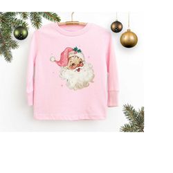Toddler Christmas Shirt Long Sleeve Tee, Retro Pink Santa Shirt Baby Christmas Gift for Granddaughter, Cute Christmas Ki
