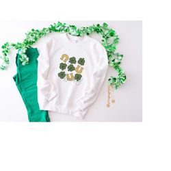 lucky shamrock horseshoe st patrick's day shirt, shamrocks st. patrick's day sweater, horse shoe lucky shirt, four leaf