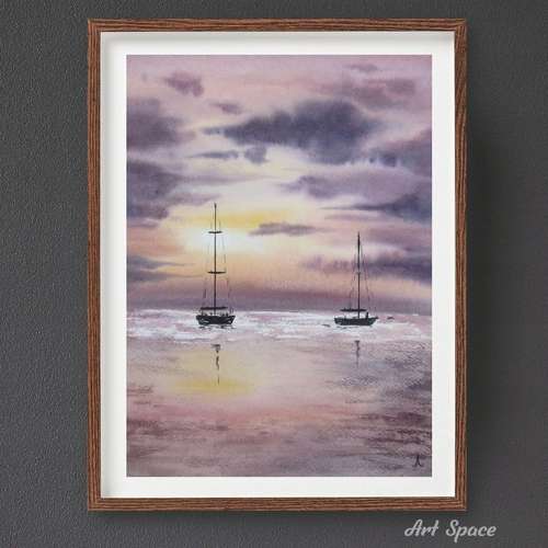 Watercolor painting, original, On the Sunset, boats, unusual interior decor, housewarming gift, for the collector