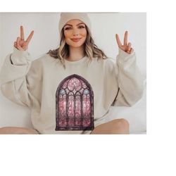 dark academia pink halloween sweatshirt, gothic vampire shirt, stained glass cathedral witchy shirt, vintage aesthetic b