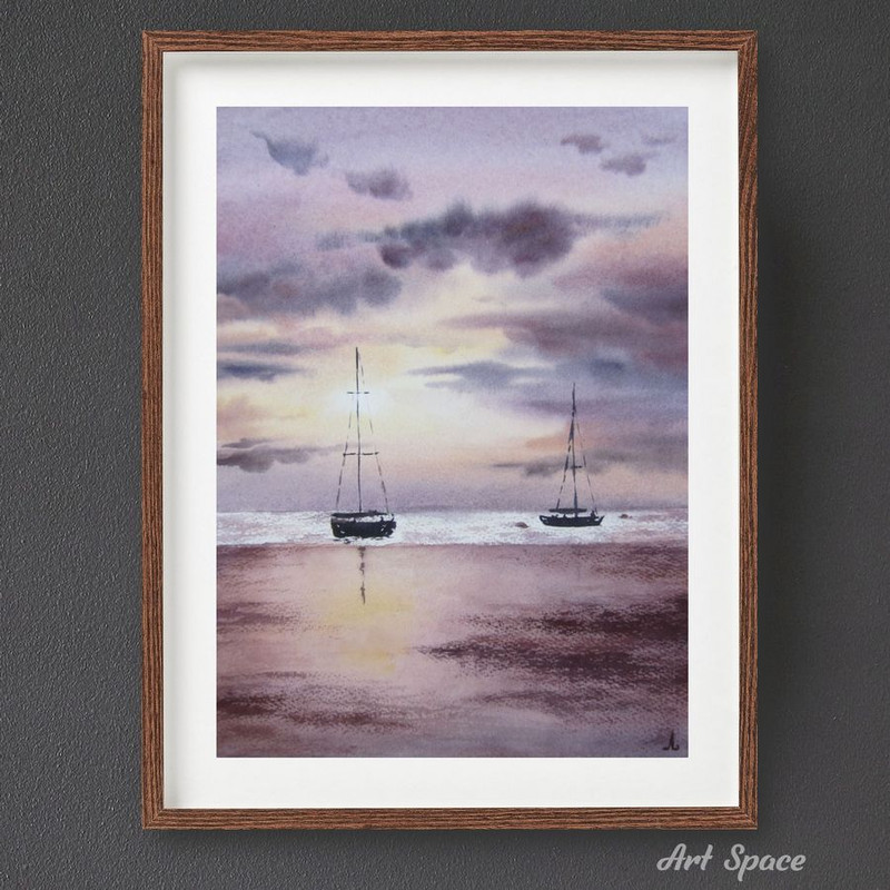 Boats- sailboat- Support- Pink- Dawn- Sea- Lake- Picture of Watercolor- Handwork-1.jpg
