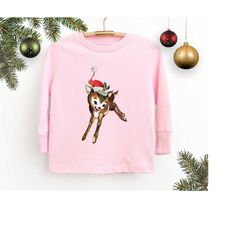 Toddler Christmas Shirt Long Sleeve Tee, Vintage Reindeer Shirt Baby Christmas Gift for Granddaughter, Cute Christmas Ki