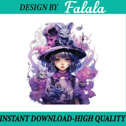 cute witch black cat halloween girls png, little girls witch purple color art png, happy halloween png, digital download