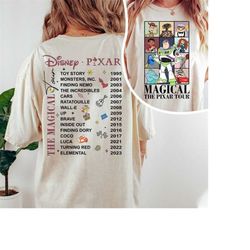 vintage disney pixar magical tour comfort colors shirt, disney pixar characters concert music shirt, disney toy story 20