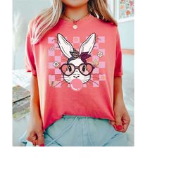 comfort colors bunny with glasses easter shirt, easter shirt women, ladies easter bunny, bubble gum bunny tee, easter ts