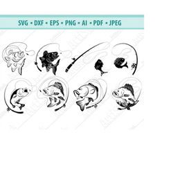 bass fishing svg, bass fishing pole svg, silhouette fishing svg fishing hook svg cricut cut file fishing cut file printa