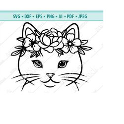 cat face svg, cat with flower crown svg, cat cut file, animal face svg, floral crown svg, cat with flowers on head svg,