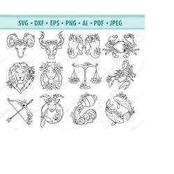 Zodiac sign Svg, Constellation zodiac Svg, Zodiac svg, Floral Astrology zodiac sign Svg, Horoscope silhouette, Zodiac cl