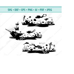 sea scene svg, undersea with fish svg, corals reef svg, seaweed svg, underwater ship svg, scuba diving svg, underwater w