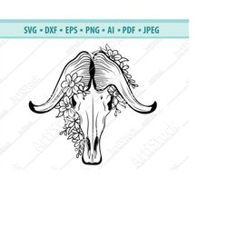 buffalo skull with flowers svg, buffalo skull svg, floral buffalo skull svg, bull skull svg, floral wreath svg, boho svg