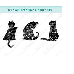 three black cat svg, mandala cats svg, zentangle cats svg, cat cut file, celestial cat svg, flower sitting cat svg, flor