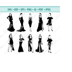 woman svg, lady svg, fashion dresses, girl svg, evening dress png, vintage, retro style, cricut silhouette, svg, clipart