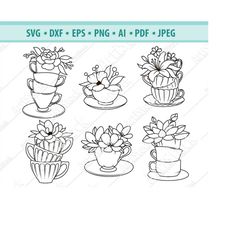 flower cup svg, coffee cup svg, cup with flowers, coffee cup svg file, tea cup svg, tea cup cut file, cup and saucer svg