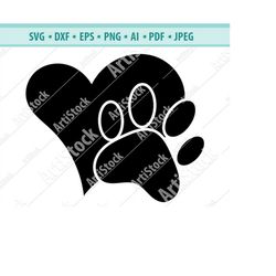 dog paw heart svg, paw print svg, dog svg, digital cut file for silhouette and cricut, cat paw, cut file for silhouette,