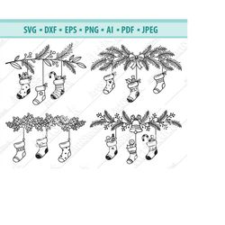 christmas socks svg, christmas tree svg, christmas ornament stockings svg, santa gift svg, hanging socks svg, pine branc