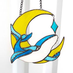 stained glass whale ornament, stained glass window hanging, stained glass whale suncatcher, stained glass moon