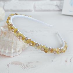 Yellow Turquoise gemstone headbands women, Yellow crystals hair accessories, Stone headpiece, Jeweled bead wedding tiara