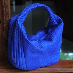 Medium Soft Hobo Classy Sport Woman Stitched Bag | Purse Genuine Python Skin | Dewi BLUE Big Elegant Leather Designer S