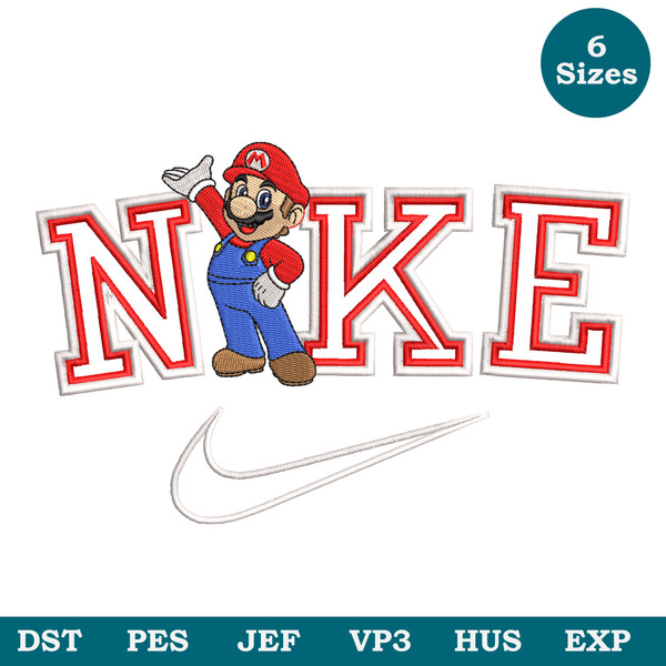 Nike Mario Machine Embroidery Design File 6 Sizes, Super Mario Embroidery design, Anime Embroidery Design File Pes - Instant Download Image 1.jpg