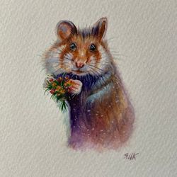 Hamster Watercolor Painting, Original Watercolor Art, Cute Hamster Art, Hamster Lovers Gift, Small Painting