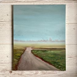 Original Moody Landscape Painting, Oil On Canvas, Road Oil Painting, Field Path Painting, Mist Wall Decor, Foggy Art