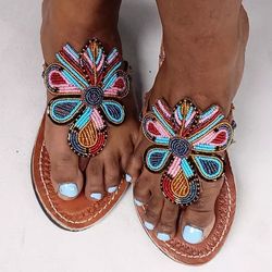 Beaded sandals Beach Sandals Market shoes Christmas gift Ladies Open shoes Hand made leather san