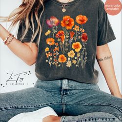 orange wildflowers shirt, oversized vintage botanical tee, pastel floral nature shirt, garden lover gift, boho wildflowe