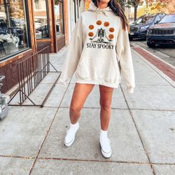 pumpkin halloween sweatshirt, retro halloween crewneck, skeleton namaste halloween hoodie, fall yoga sweatshirt for wome