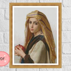 Cross Stitch Pattern,Girl With A Pomegranate,William Bouguereau,Famous Painting, X Stitch Chart,Full Coverage,Portrait