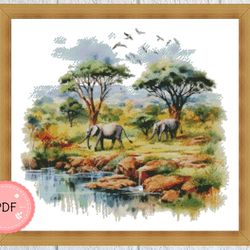 Cross Stitch Pattern,African Landscape With Elephants,Elephant Family,Pdf,Instant Download,Watercolor