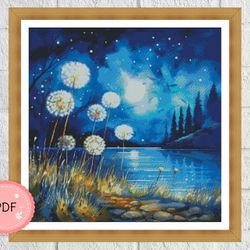 Cross Stitch Pattern,Dandelion And Night Forest View,Mysterious Forest,Nature Landscape,Full Coverage,Starry Night