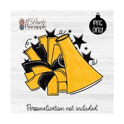 cheerleading design png, cheer megaphone and pom pom in yellow and black png, cheerleading sublimation png, cheer shirt