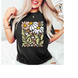 flowers t-shirt, boho wildflowers floral nature shirt, garment dyed, boho shirts, oversized shirts, wildflower shirt