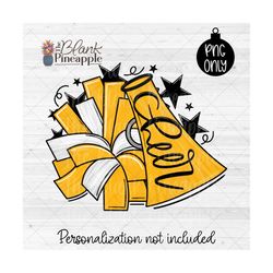 cheerleading design png, cheer megaphone and pom pom with 'cheer' in yellow png, cheerleading sublimation png, cheer shi