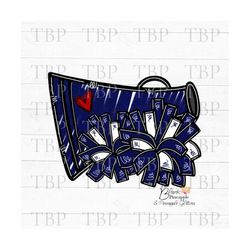 cheer design png, cheer megaphone and pom poms in navy png, cheerleading sublimation design, cheerleading png, 300dpi re