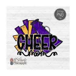 cheer design png, cheer mom pom pom and megaphone in purple and yellow png, cheer sublimation design, cheerleading png,