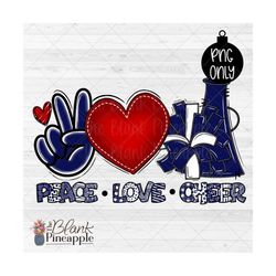 cheer design png, peace love cheer in navy blue png, cheerleading design, cheer sublimation design png