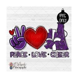 cheer design png, peace love cheer in purple png, cheerleading design, cheer sublimation design png