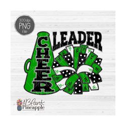 cheer design png, cheerleader pom pom and megaphone png design in green, cheer sublimation png, cheerleading shirt desig