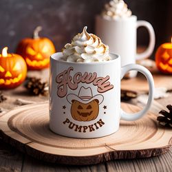 howdy pumpkin halloween coffee mug, pumpkin cowboy funny halloween mug