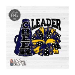 cheer design png, cheerleader pom pom and megaphone png design in navy blue and yellow, cheer sublimation png, cheerlead
