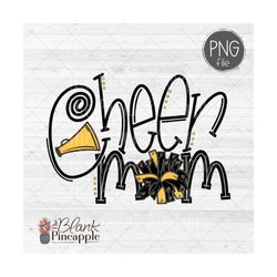 cheer design png, cheer mom pom pom and megaphone in black and yellow png image, cheer sublimation design, cheer shirt d