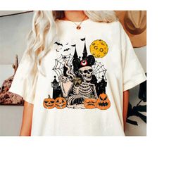 vintage skeleton drinking coffee comfort colors shirt, disney halloween shirt, skeleton mickey ears shirt, halloween shi